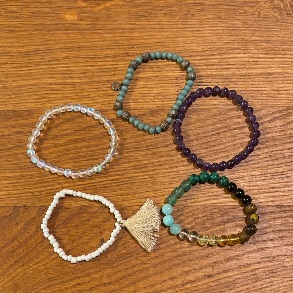 Set of 5 Beaded Stretch Bracelets - Turquoise, Purple, Clear, White, Multi